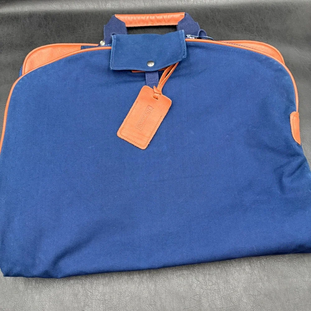 Lands End Deluxe Square Rigger Garment Bag Navy Canvas Leather Trim Monogram JVC